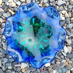 NWTBeautiful Royal Gallery Blue /Green Swirl Pedestal  Heavy Art Glass Bowl/Dish